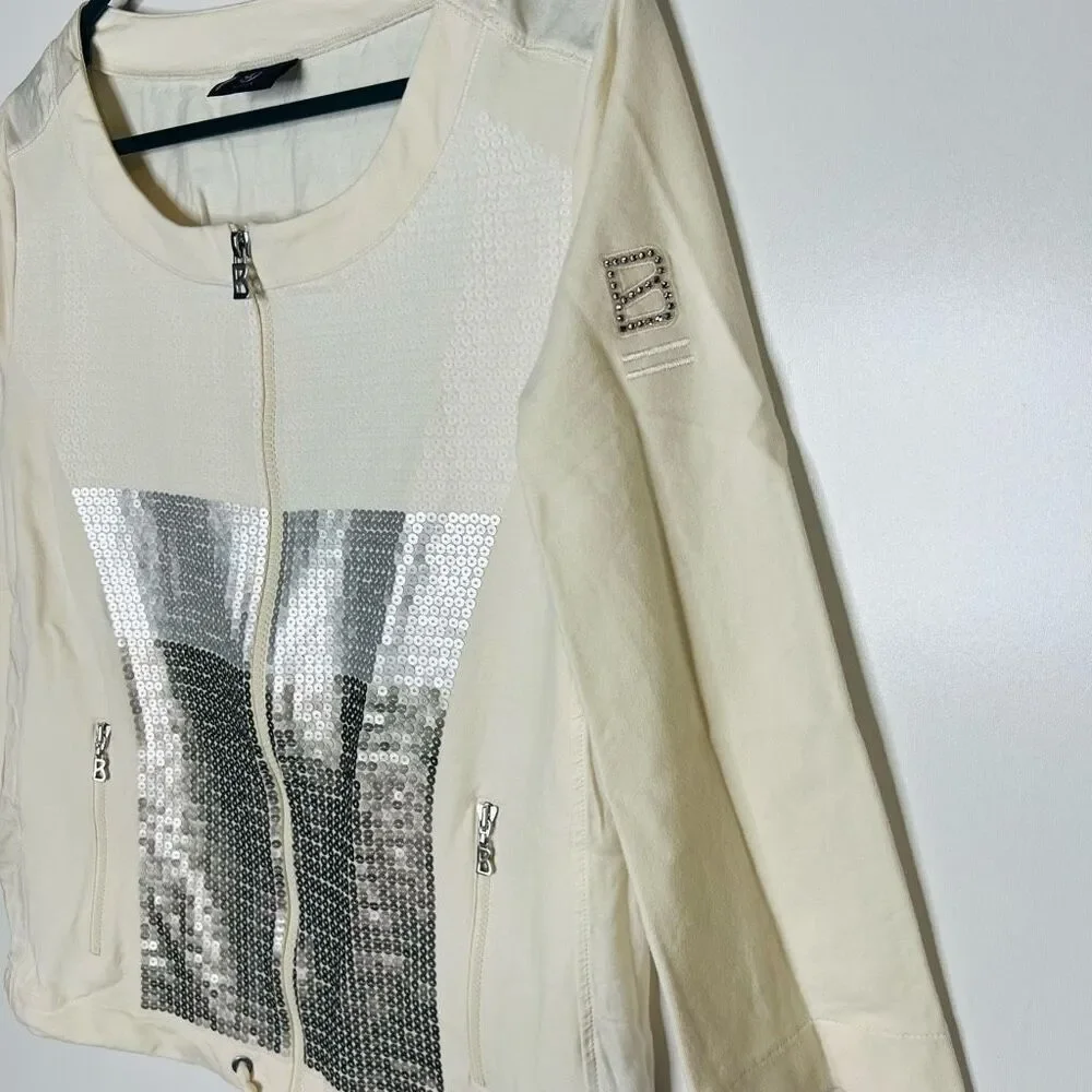 Bogner Cream Silk Blend Silver Sequins Lightweight Jacket